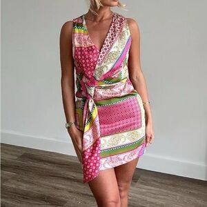 Zara Pink and Green Asymmetrical Printed Patchwork Mini Dress - Medium